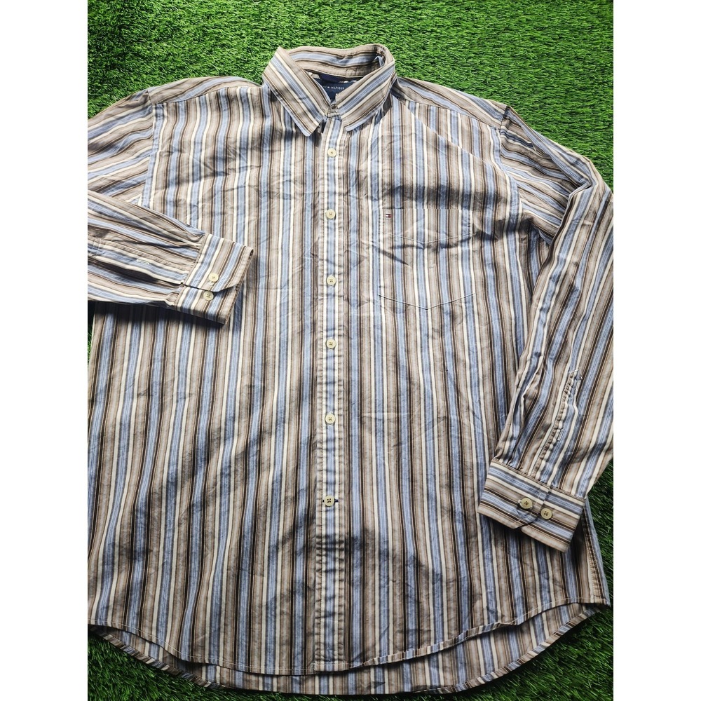 Tommy‎ Hilfiger Shirt Mens L Brown Stripe Long Sleeve Button Up Casual Cotton